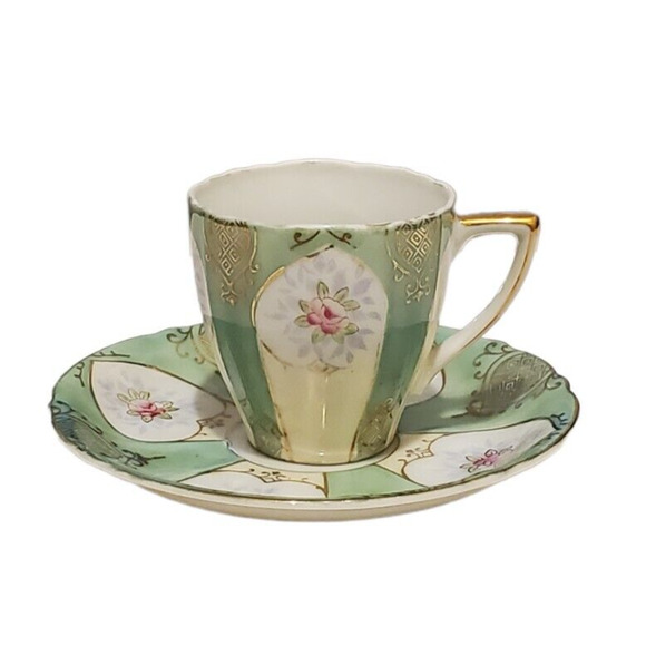 Vintage Ucagco Demitasse Cup & Saucer Set Pink Flower Gold Green Occupied Japan - Picture 2 of 5